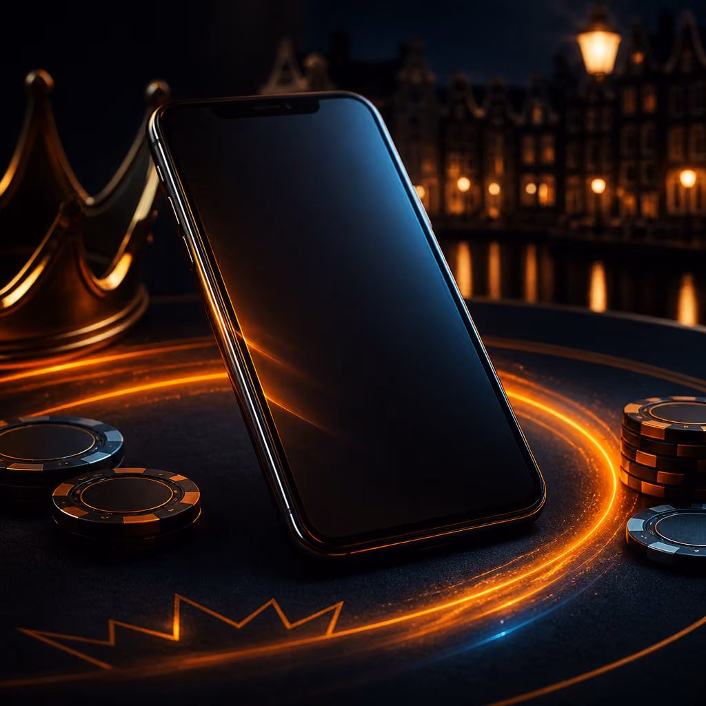 Mobiele Goldrun Casino toegang met telefoonmockup en donkere casino-omgeving