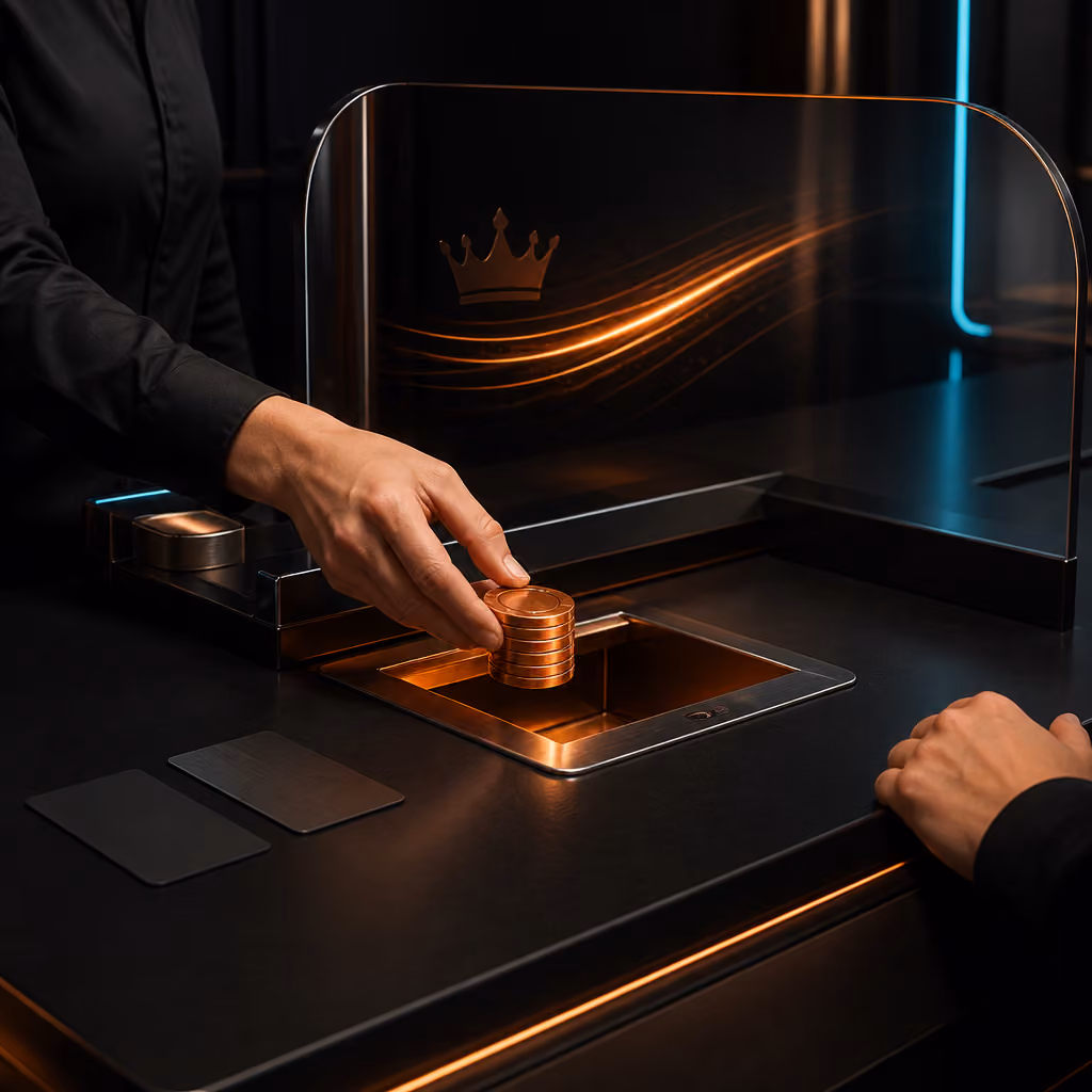 Uitbetaling aanvragen via abstracte cashier met betaalkaarten en koperen accenten